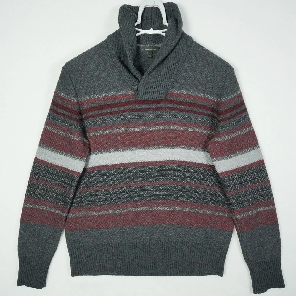 Banana Republic Men's Shawl Collar‎ Striped Knit Sweater Medium Gray Wool Blend